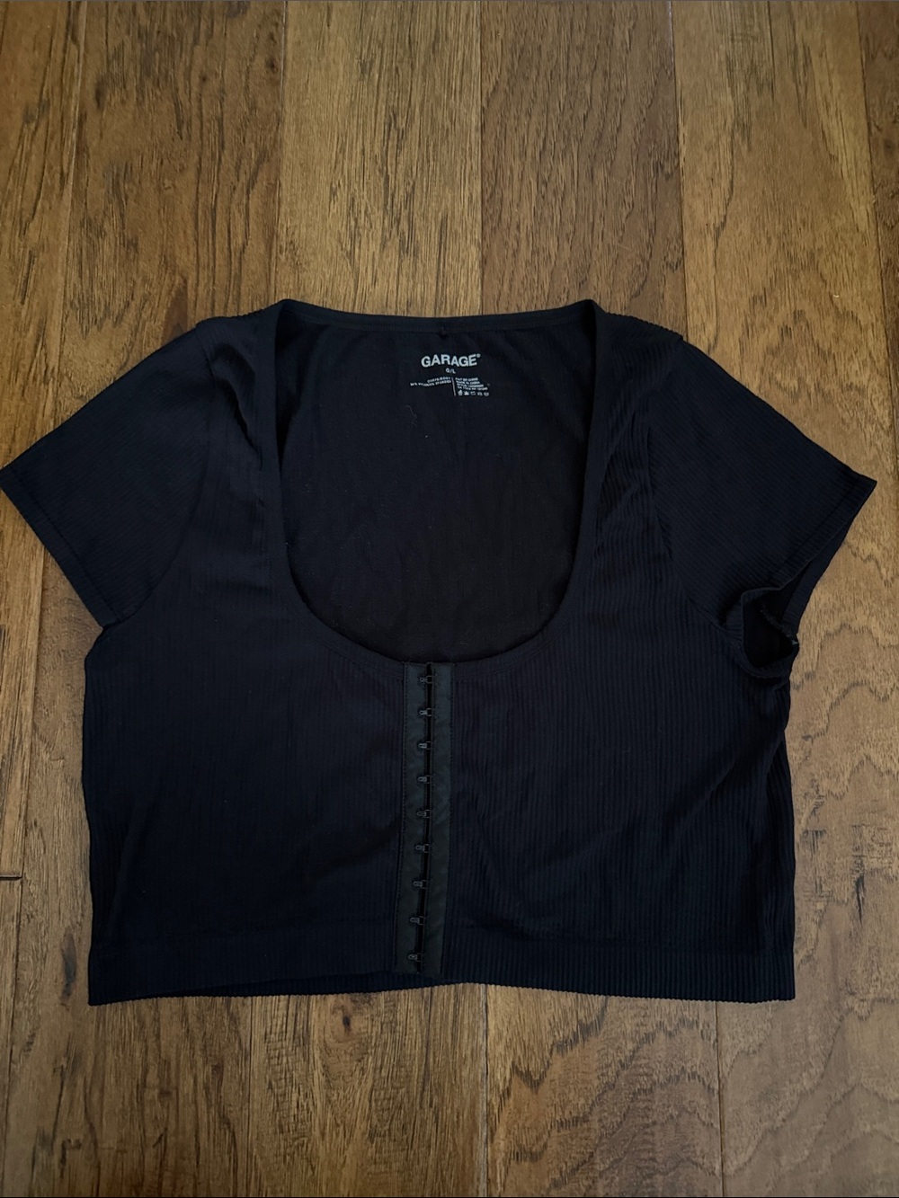 Garage Black Scoop Neck Hook-and-Eye Ribbed Crop Top